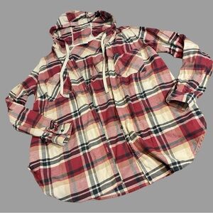 Columbia Women’s XL Red Cream Plaid Hooded Shirt Button Up Shacket Jacket